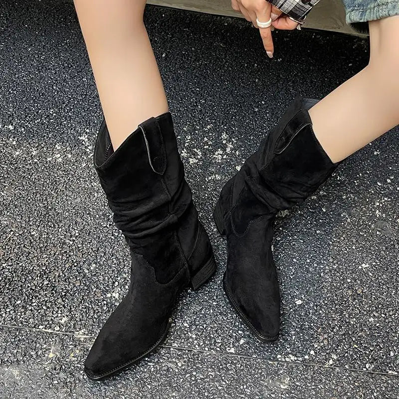 Autumn khaki suede Pleated Mid-Calf Boots