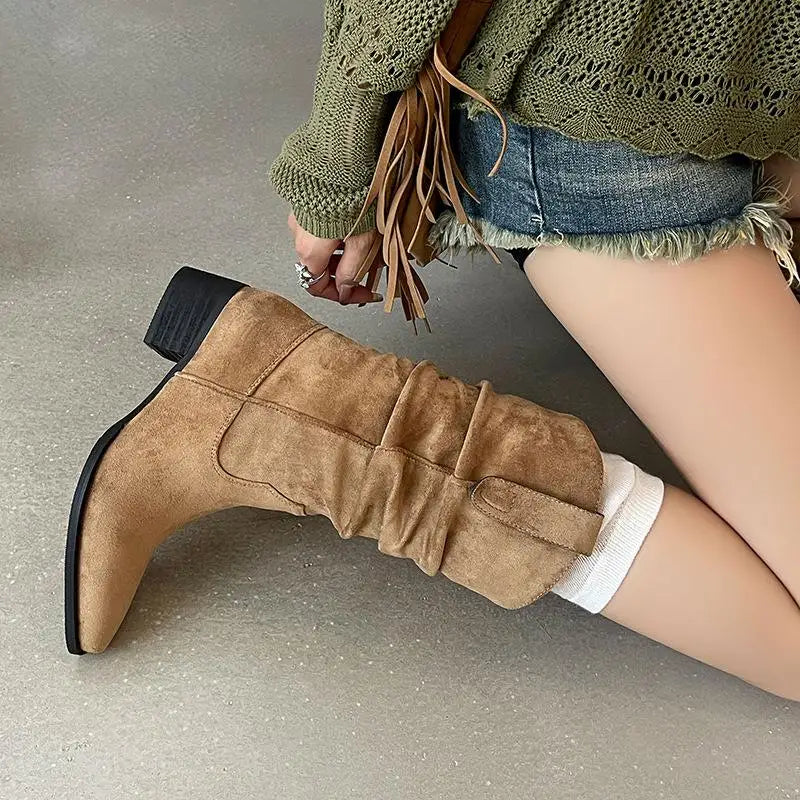 Autumn khaki suede Pleated Mid-Calf Boots