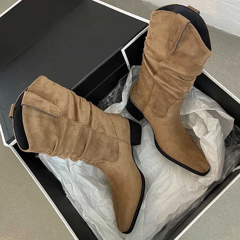 Autumn khaki suede Pleated Mid-Calf Boots