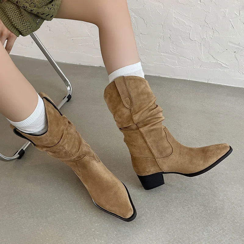 Autumn khaki suede Pleated Mid-Calf Boots