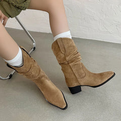 Autumn khaki suede Pleated Mid-Calf Boots