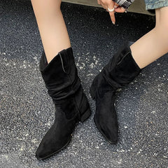 Autumn khaki suede Pleated Mid-Calf Boots