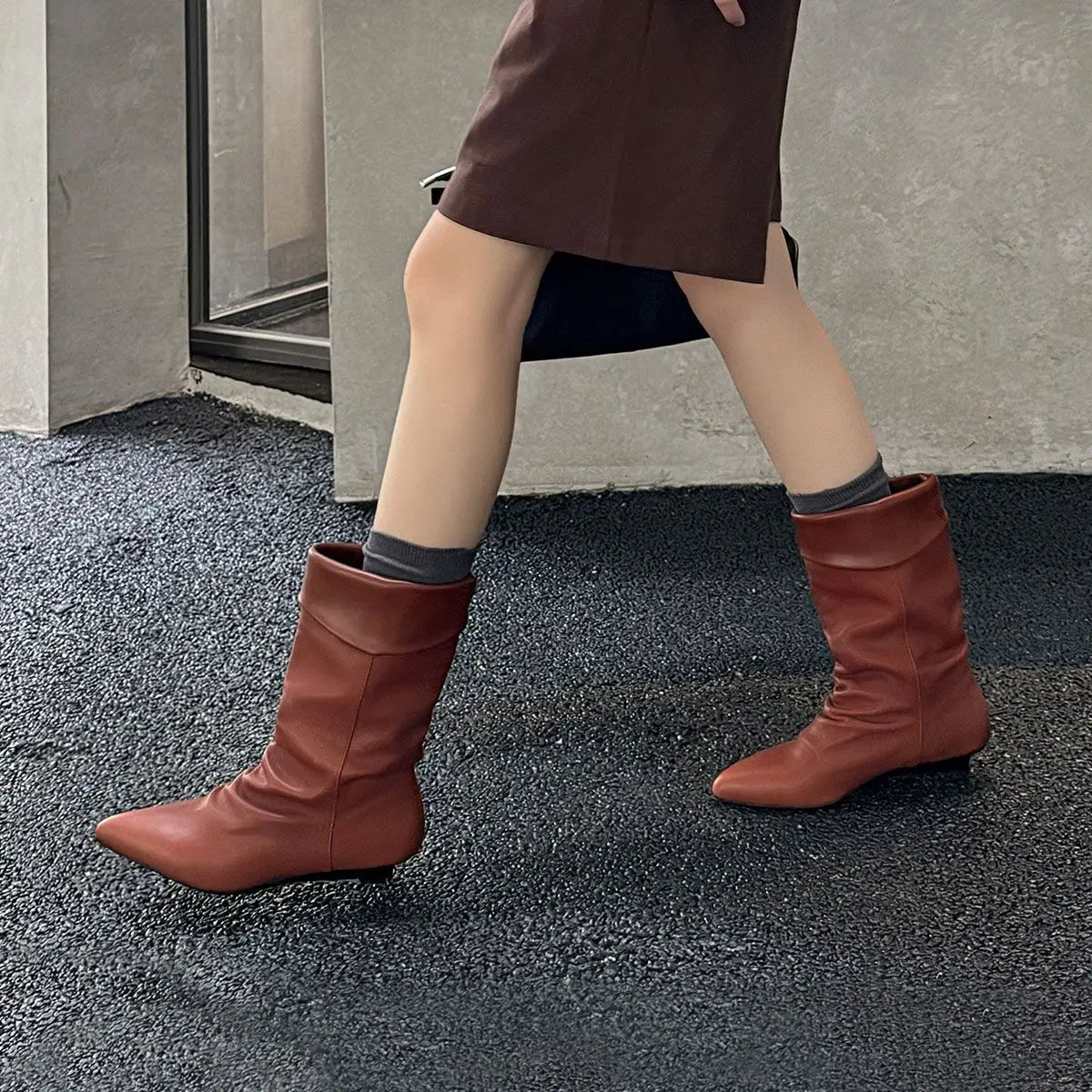 Autumn sheepskin Pleated Wedges Short Boots