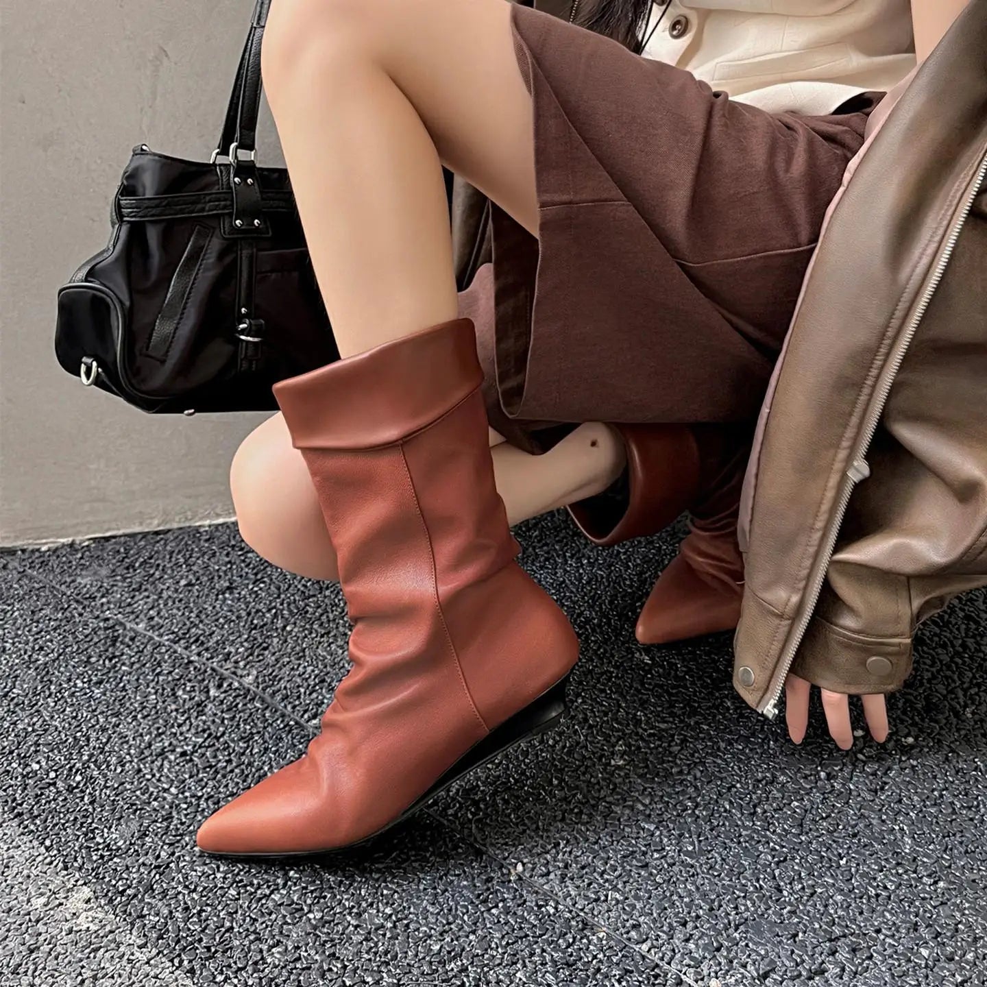 Autumn sheepskin Pleated Wedges Short Boots