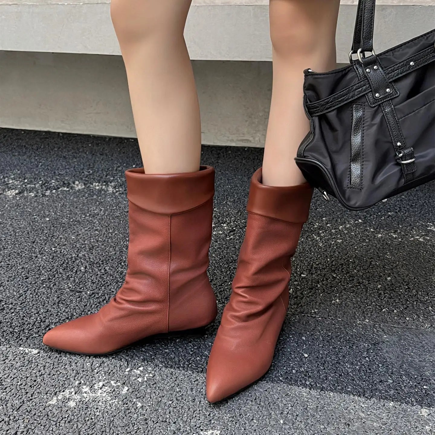 Autumn sheepskin Pleated Wedges Short Boots