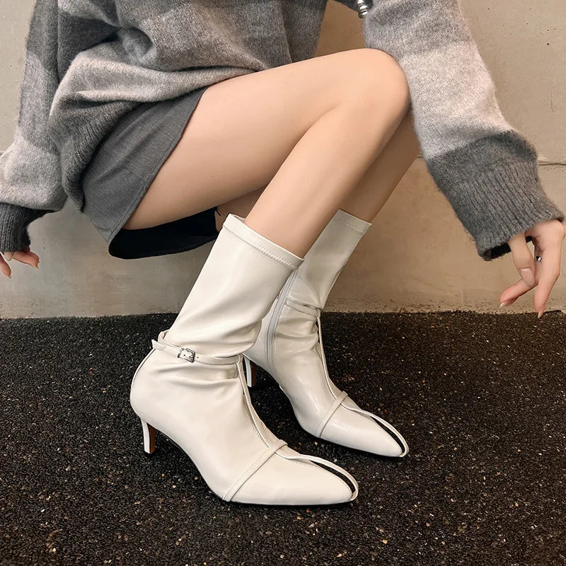 Autumn white cowhide Stilettos heels Skinny Boots