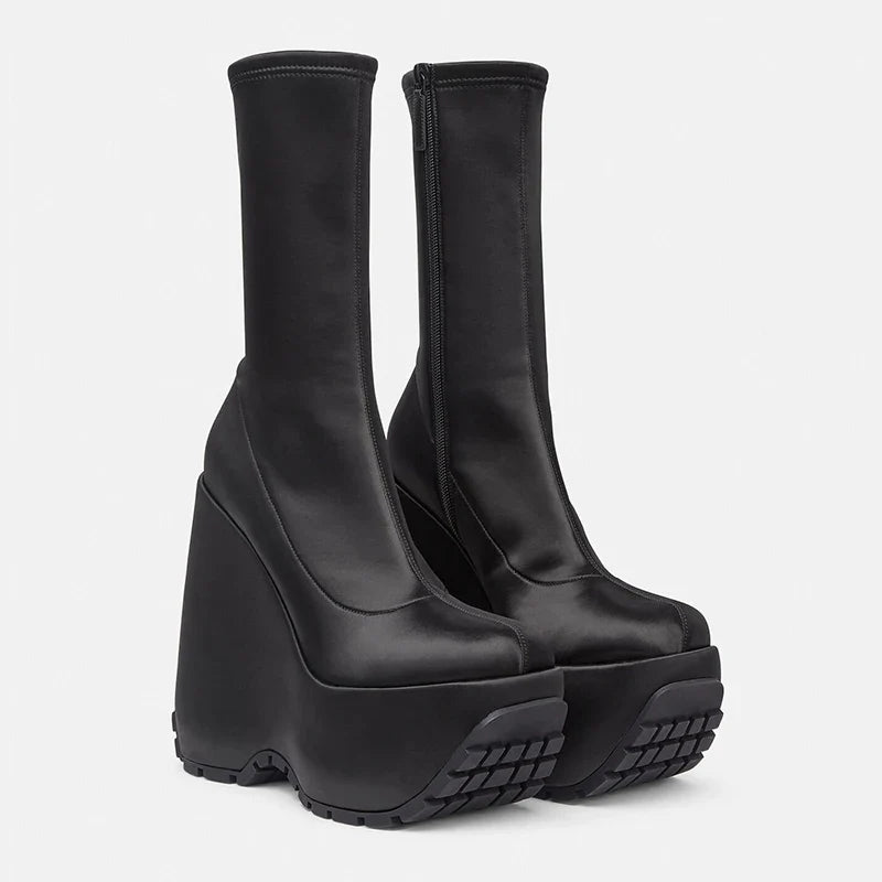 Black Women's Satin wedges Short Boots