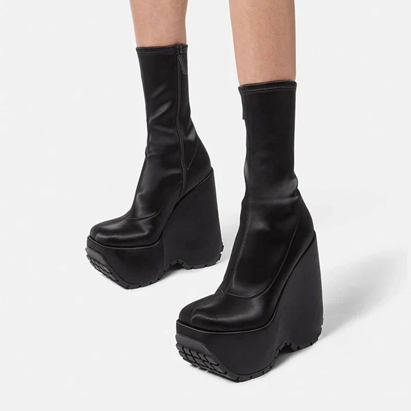 Black Women's Satin wedges Short Boots