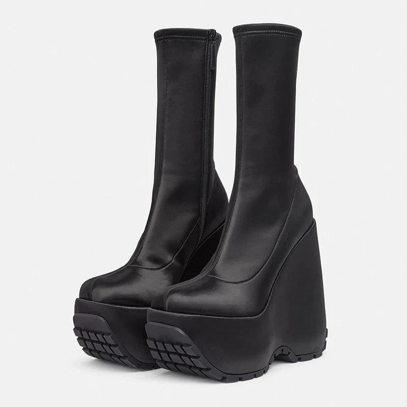 Black Women's Satin wedges Short Boots