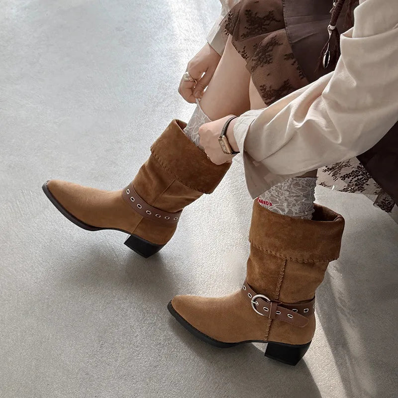 Brown Cow suede Belt buckle Short Boots