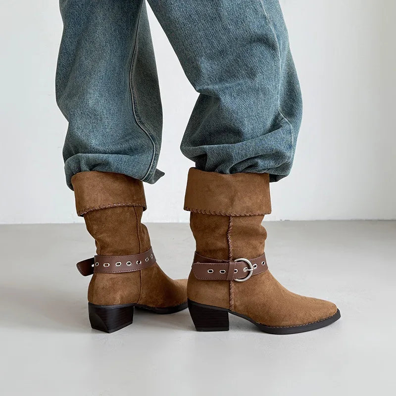 Brown Cow suede Belt buckle Short Boots