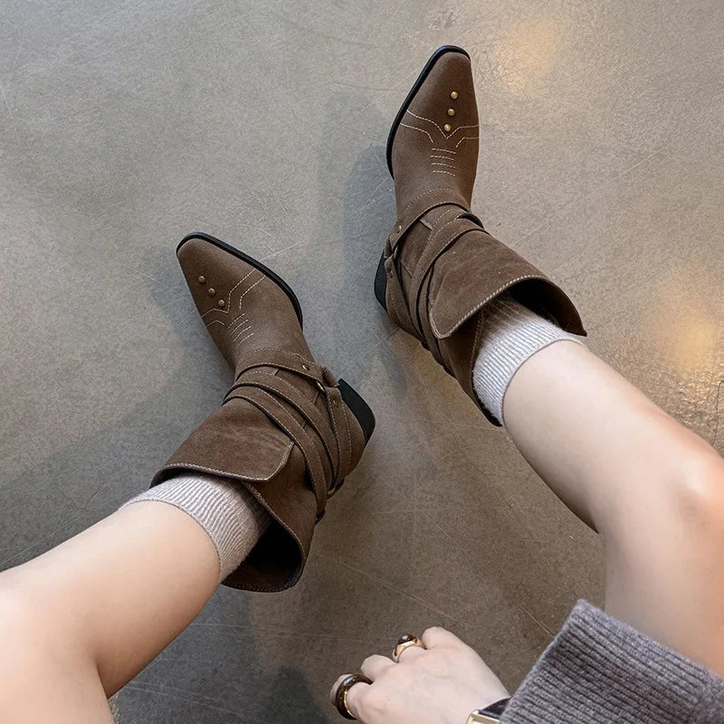 Cow suede Belt buckle Short Boots