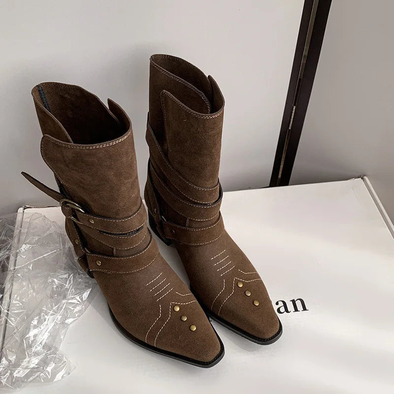 Cow suede Belt buckle Short Boots