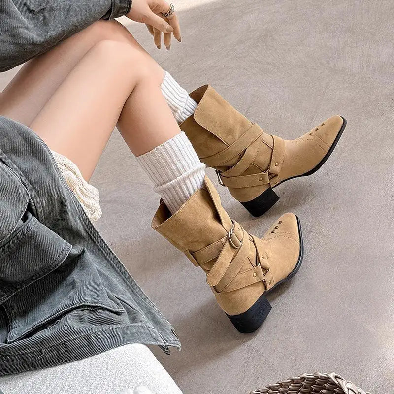 Cow suede Belt buckle Short Boots