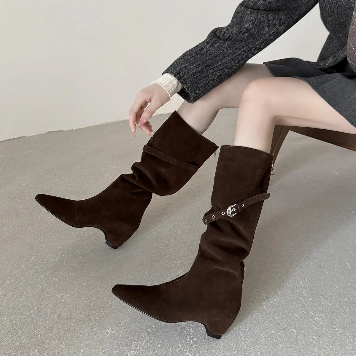Cow suede Increased Internal Large tubular Boots