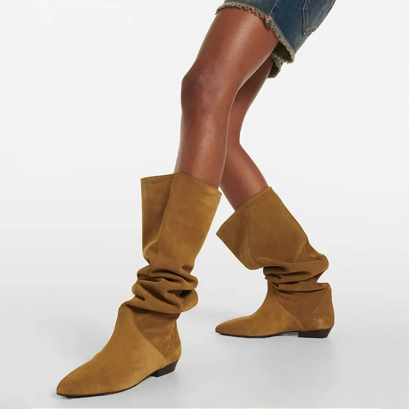 Cow suede Large tubular Pleated Knee high Boots