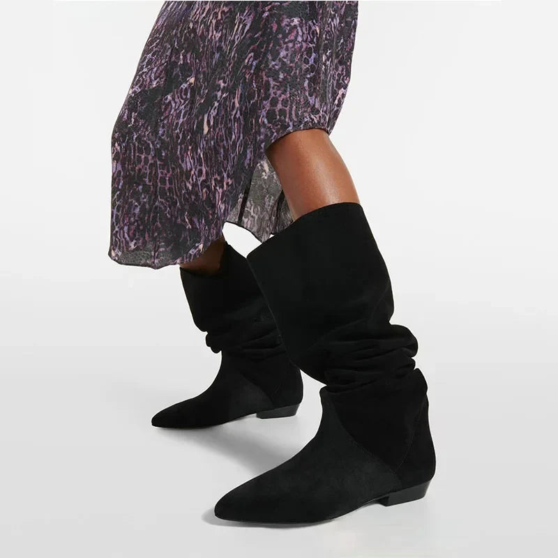 Cow suede Large tubular Pleated Knee high Boots