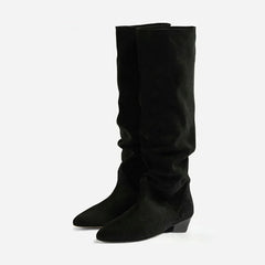 Cow suede Large tubular Pleated Knee high Boots