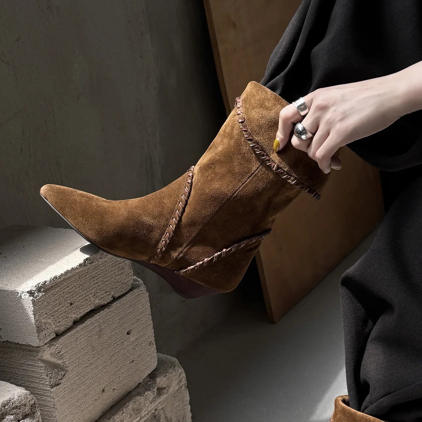 Cow suede Wedges Mid-Calf Boots