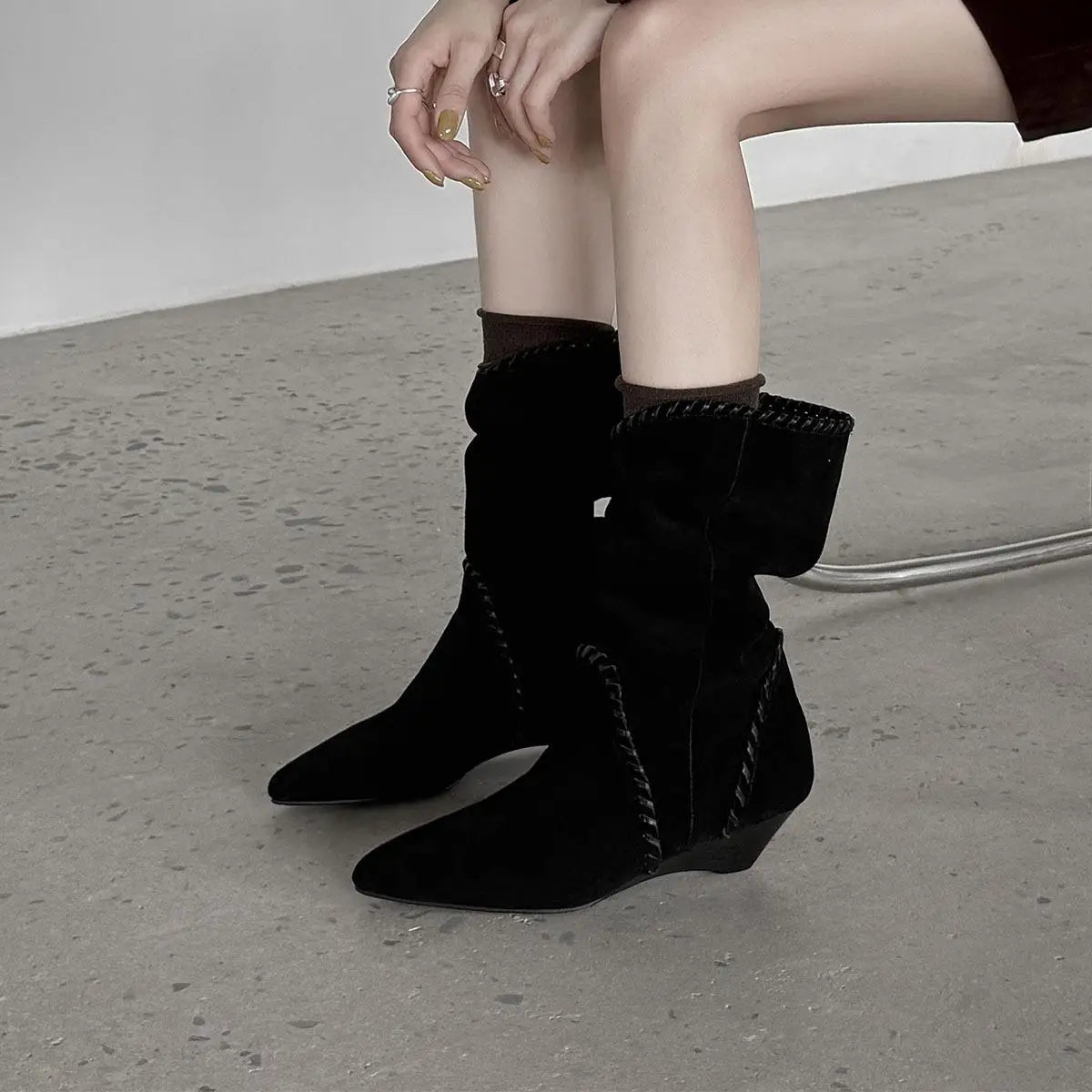 Cow suede Wedges Mid-Calf Boots