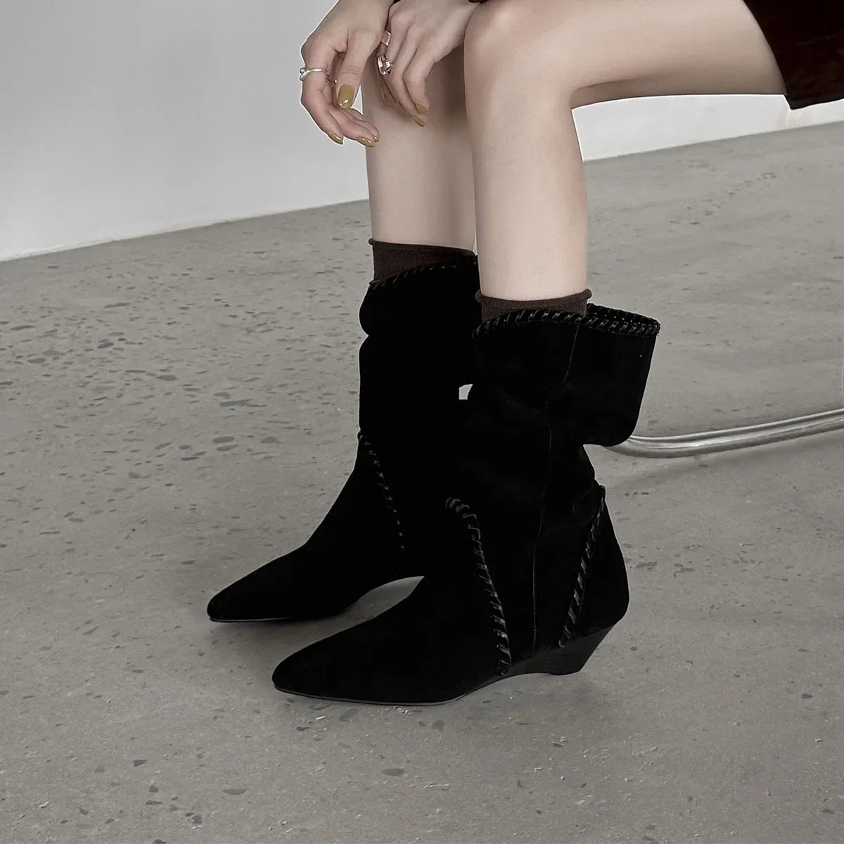 Cow suede Wedges Mid-Calf Boots