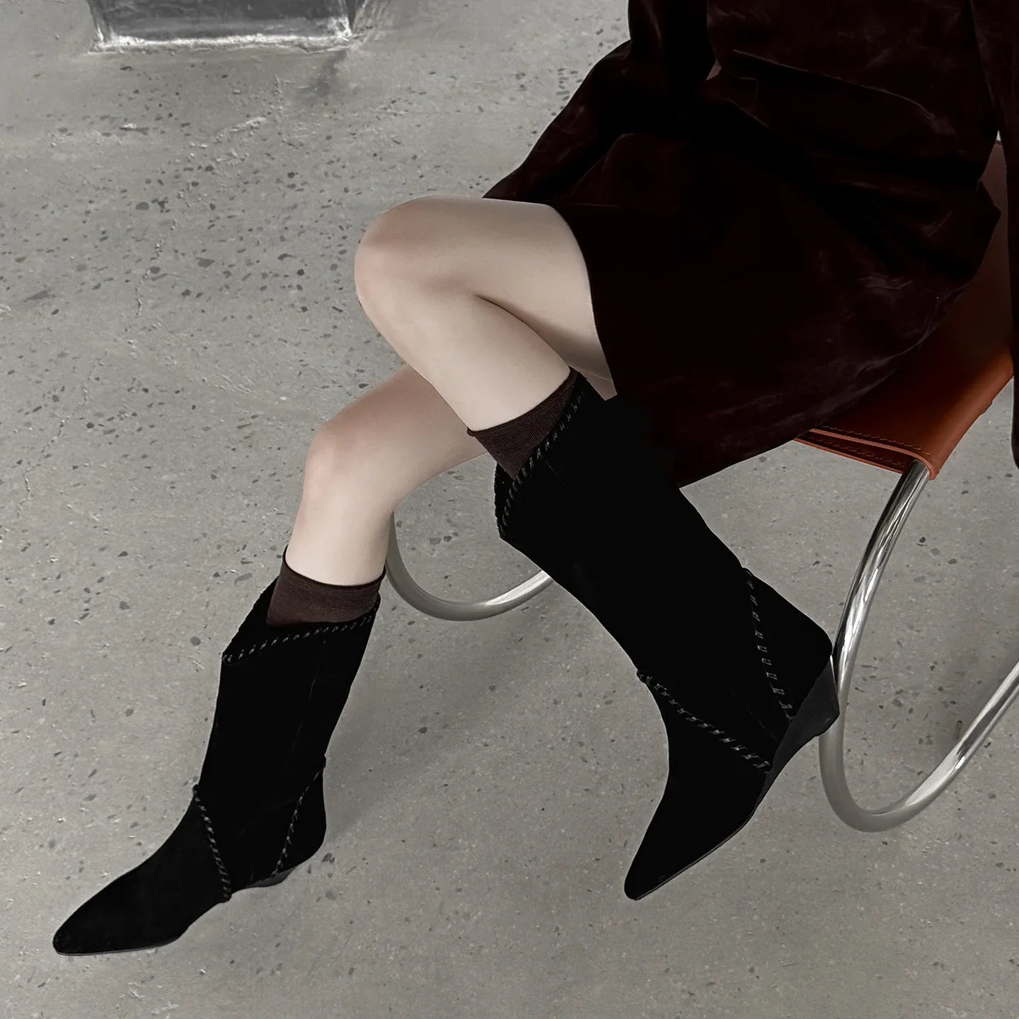 Cow suede Wedges Mid-Calf Boots