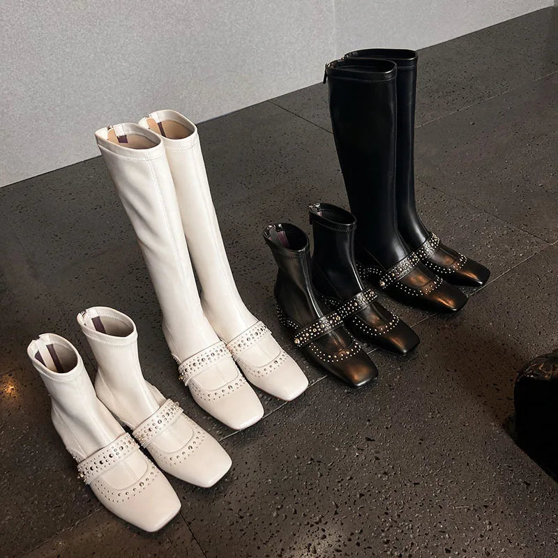 Cowhide Rivet Knee high Boots