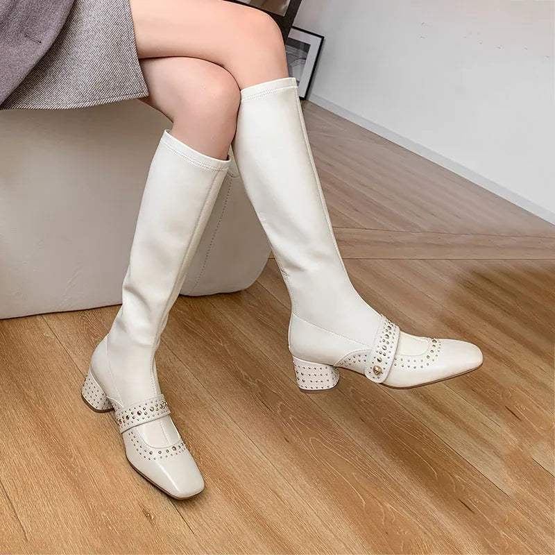 Cowhide Rivet Knee high Boots