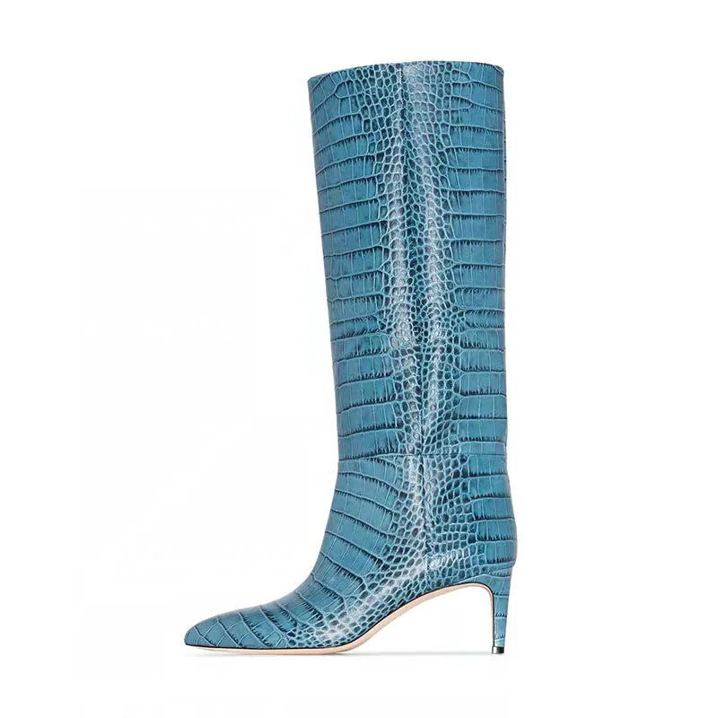 Crocodile Print Brown Knee High Boots