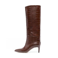 Crocodile Print Brown Knee High Boots