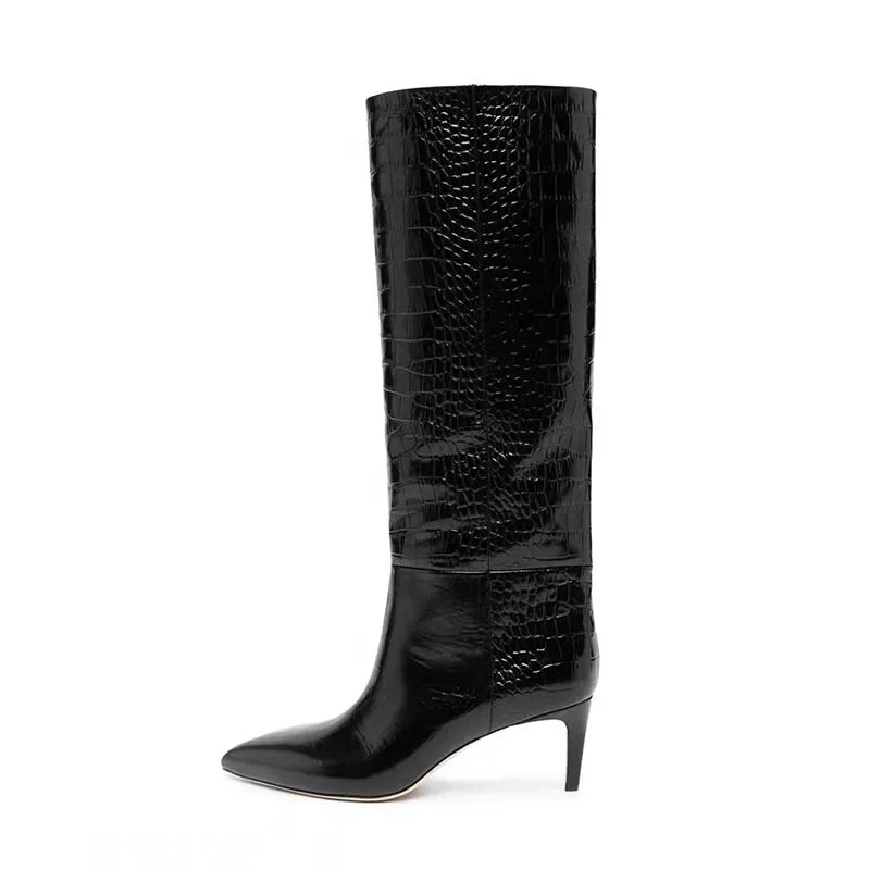 Crocodile Print Brown Knee High Boots