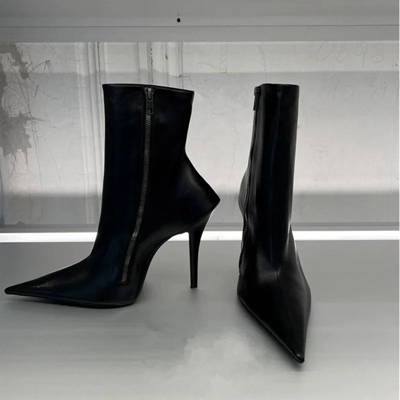 Pointed Toe Thin Heels Side Zipper Motorcycle Boots