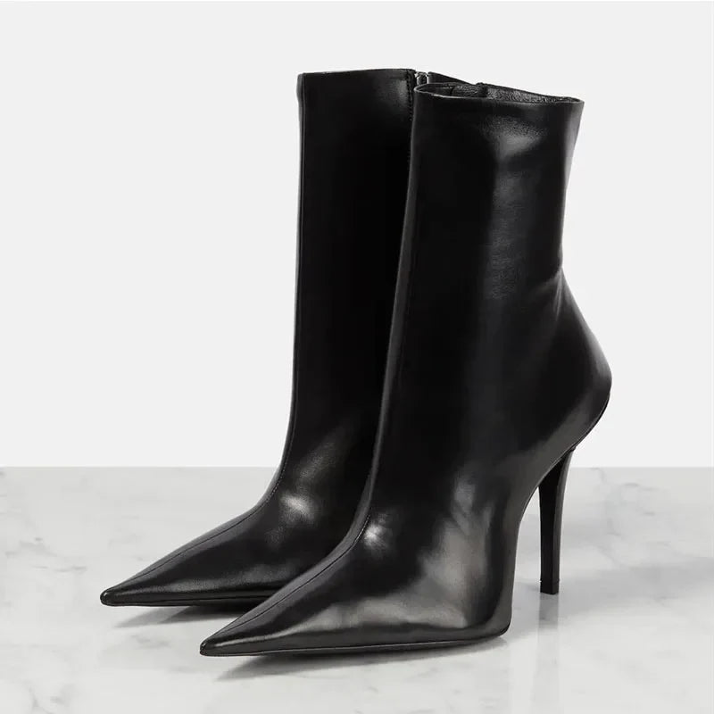 Pointed Toe Thin Heels Side Zipper Motorcycle Boots