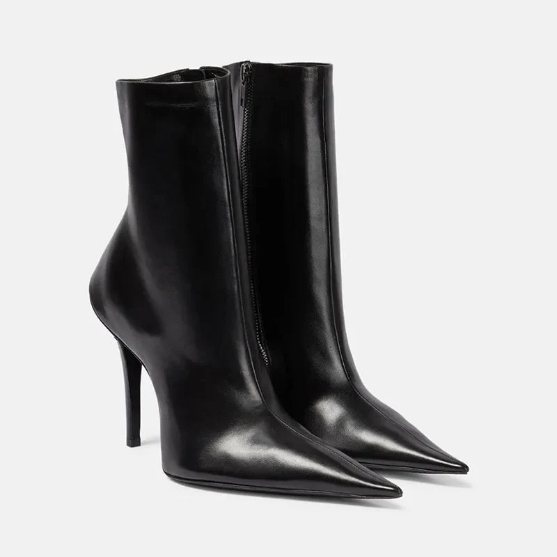 Pointed Toe Thin Heels Side Zipper Motorcycle Boots