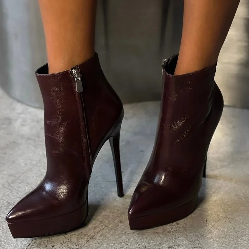 Spring Nude PU Platform Thin heels Short Boots