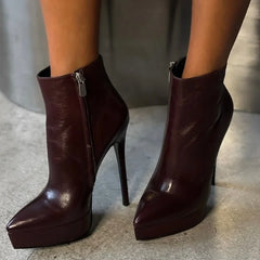Spring Nude PU Platform Thin heels Short Boots