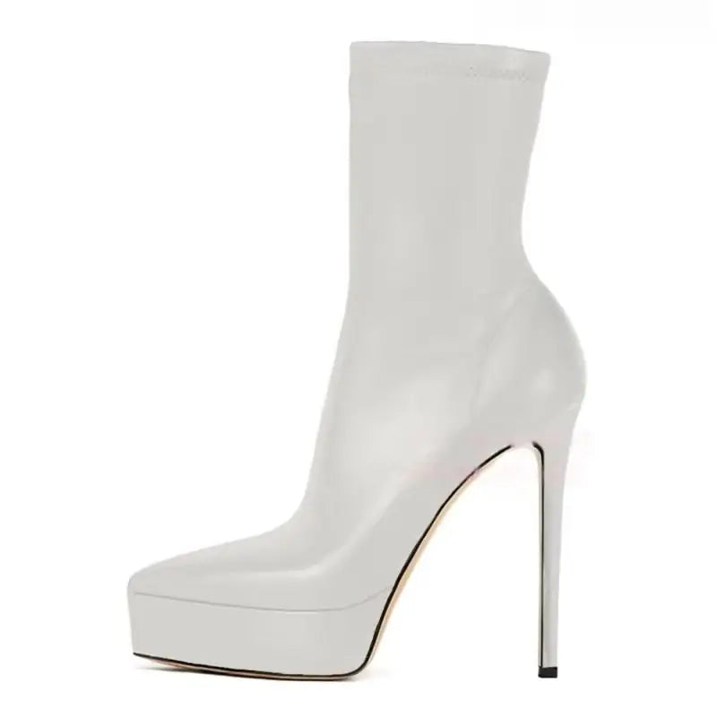 Spring White Elastic PU Platform Thin heels Short Boots