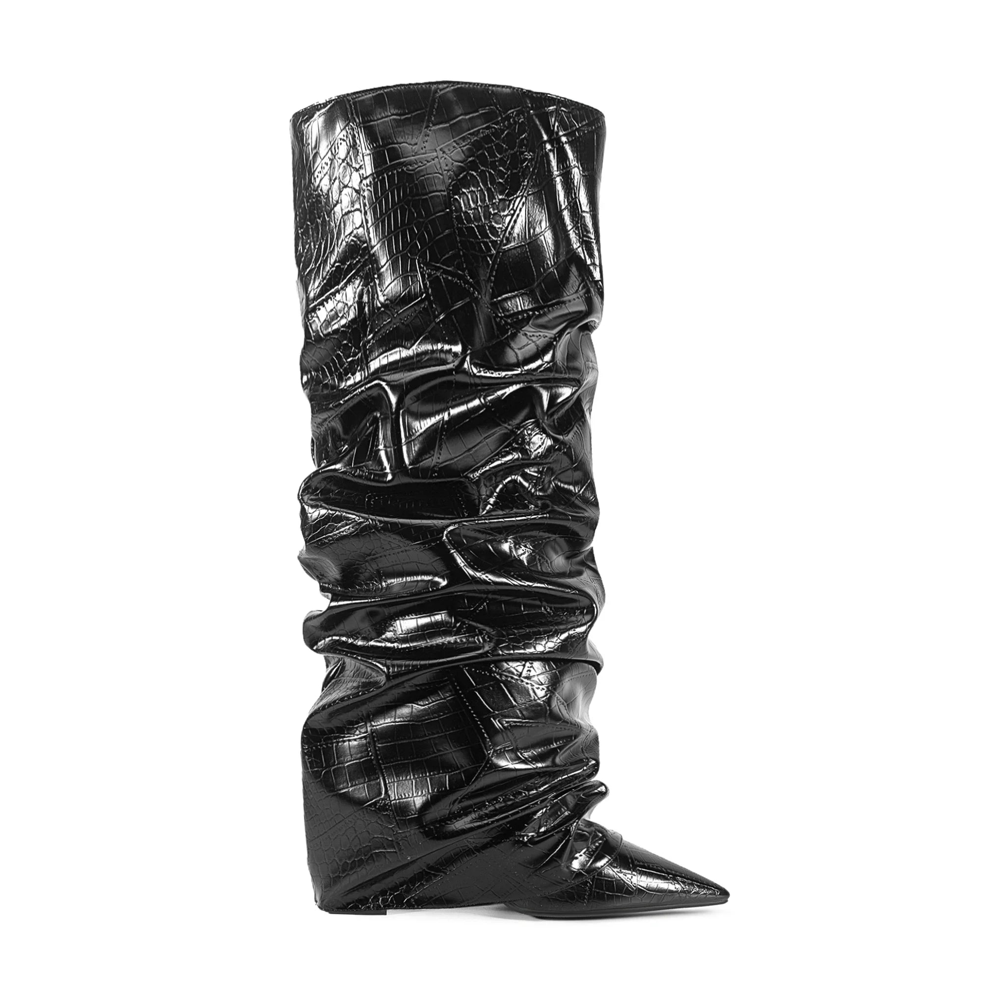 Stone pattern Microfiber Pleated Knee-high Boots