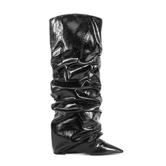 Stone pattern Microfiber Pleated Knee-high Boots