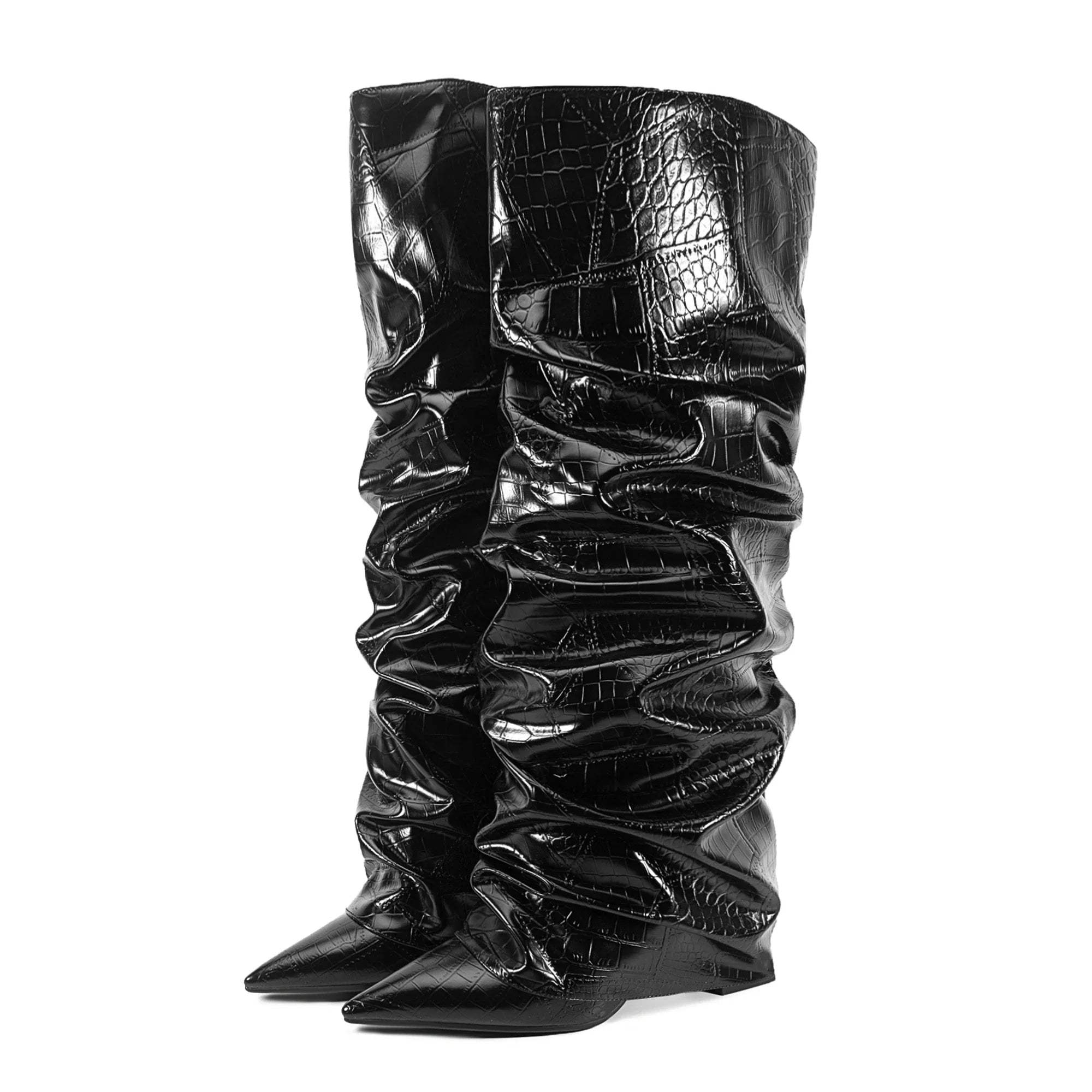 Stone pattern Microfiber Pleated Knee-high Boots