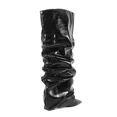 Stone pattern Microfiber Pleated Knee-high Boots