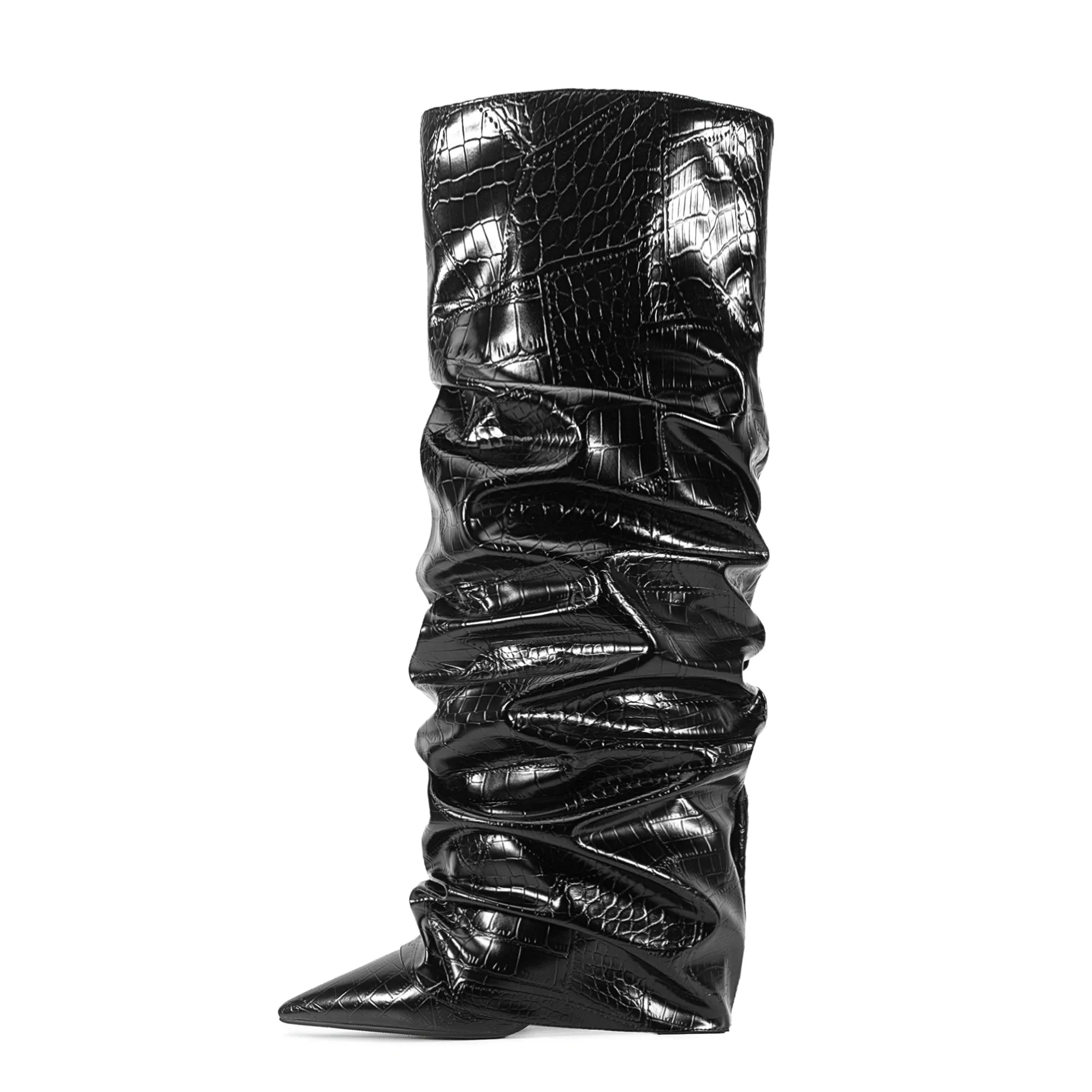 Stone pattern Microfiber Pleated Knee-high Boots