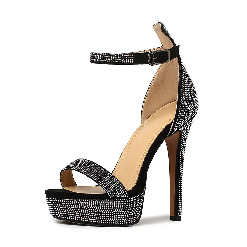 Summer Women's Sheep suede Round toe Platform Thin heels Super high heel Crystal word-cingulate Sandals