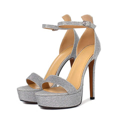 Summer Women's Sheep suede Round toe Platform Thin heels Super high heel Crystal word-cingulate Sandals