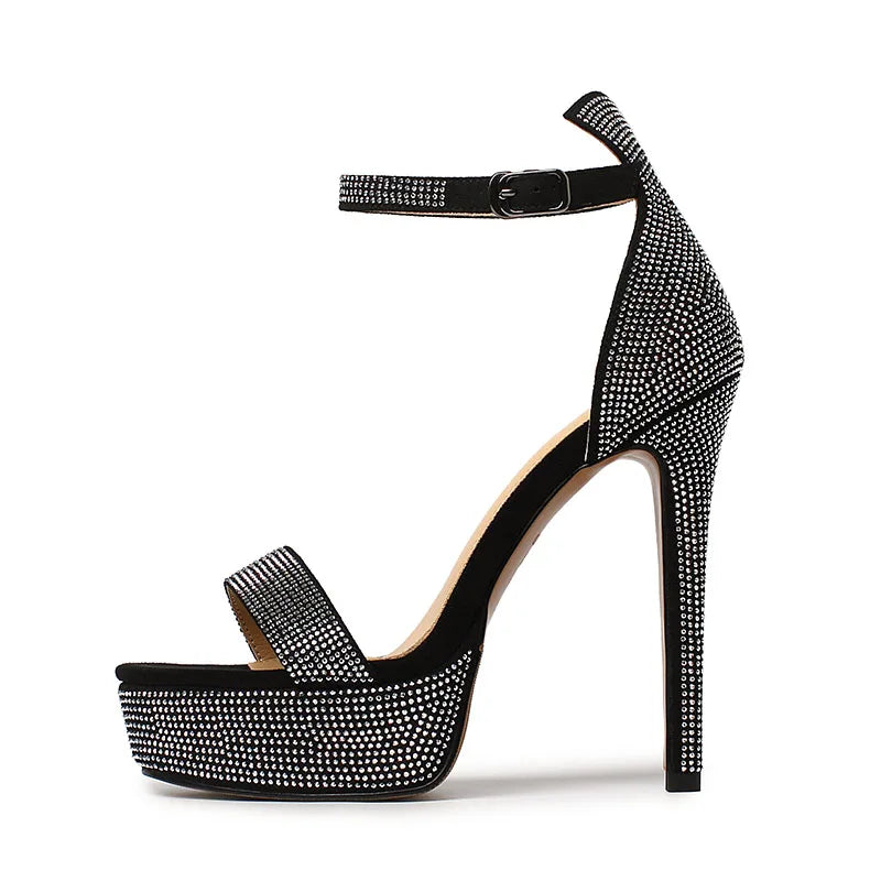 Summer Women's Sheep suede Round toe Platform Thin heels Super high heel Crystal word-cingulate Sandals
