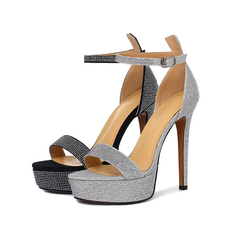 Summer Women's Sheep suede Round toe Platform Thin heels Super high heel Crystal word-cingulate Sandals