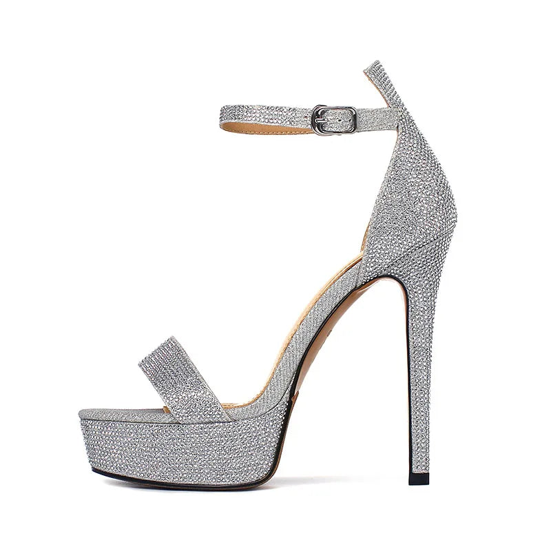 Summer Women's Sheep suede Round toe Platform Thin heels Super high heel Crystal word-cingulate Sandals