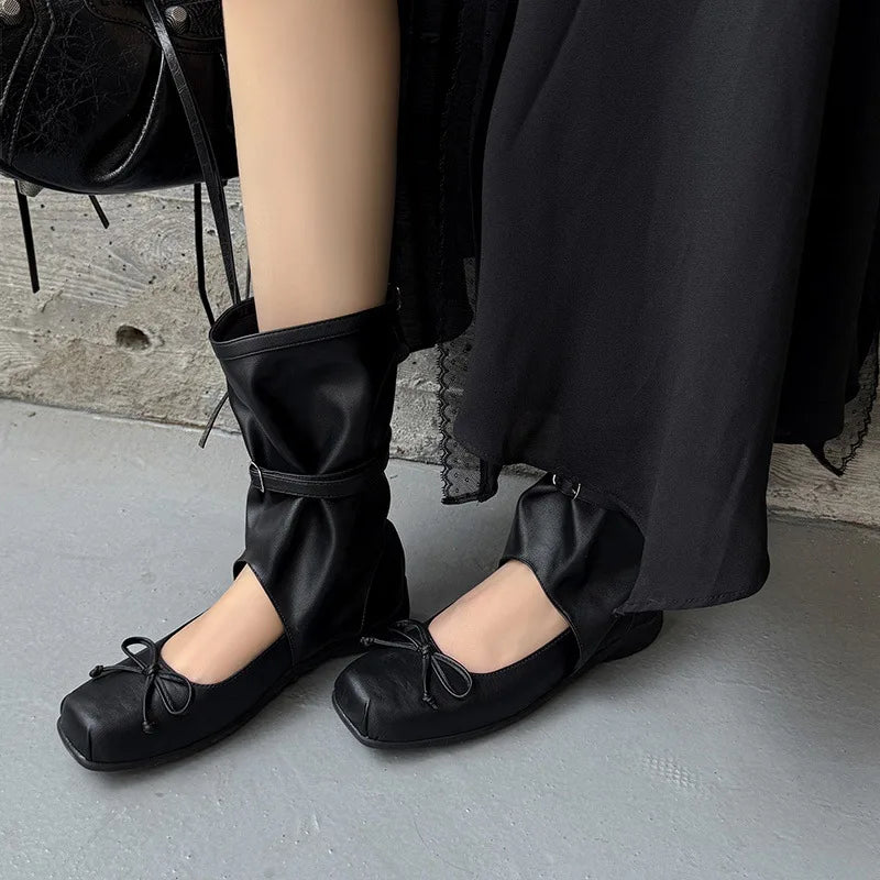 Summer cowhide Hollow Mid-Calf Boots