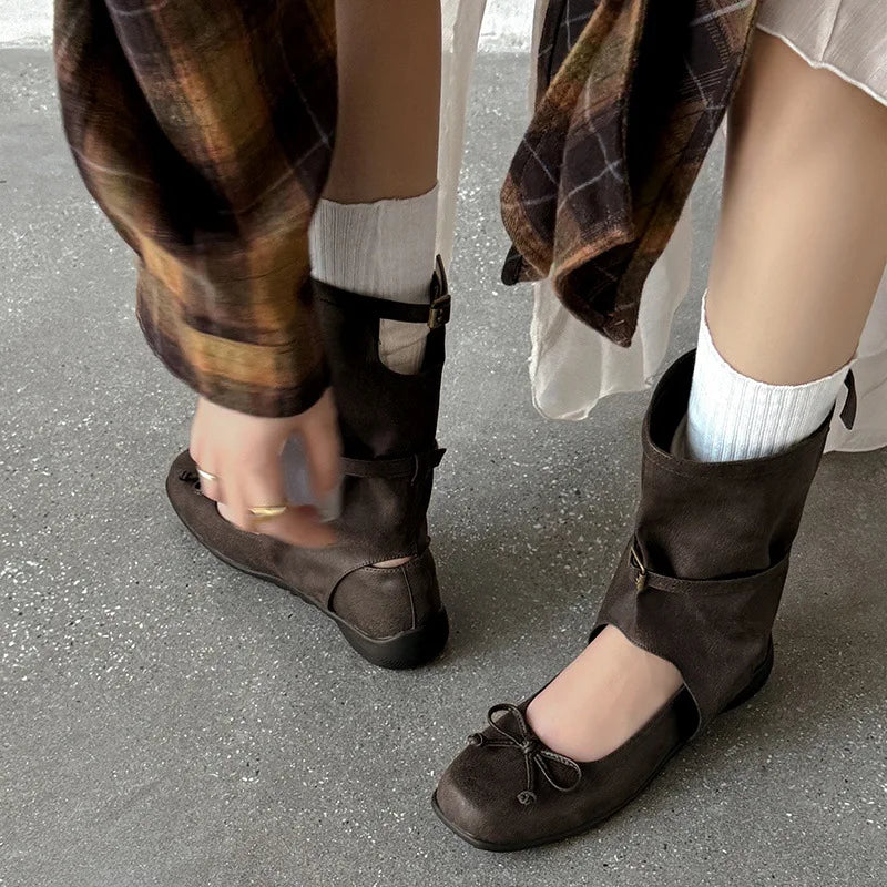 Summer cowhide Hollow Mid-Calf Boots