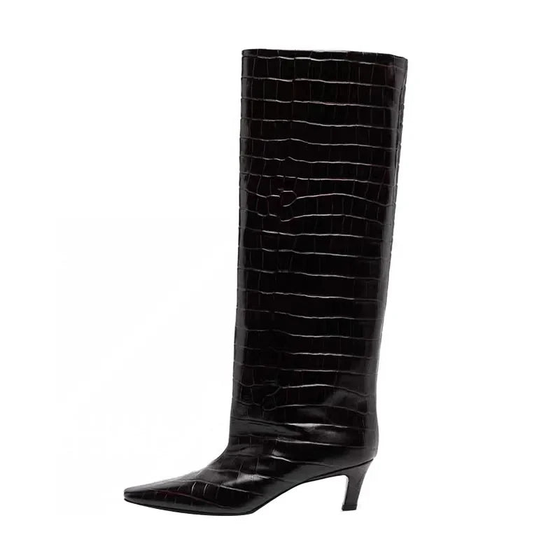 Women's Brown Crocodile Grain Knee High Boots